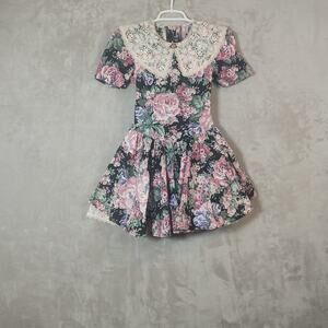 Vintage Swat Kids Girls Dress Size 10 Floral Print White Lace Collar CottageCore